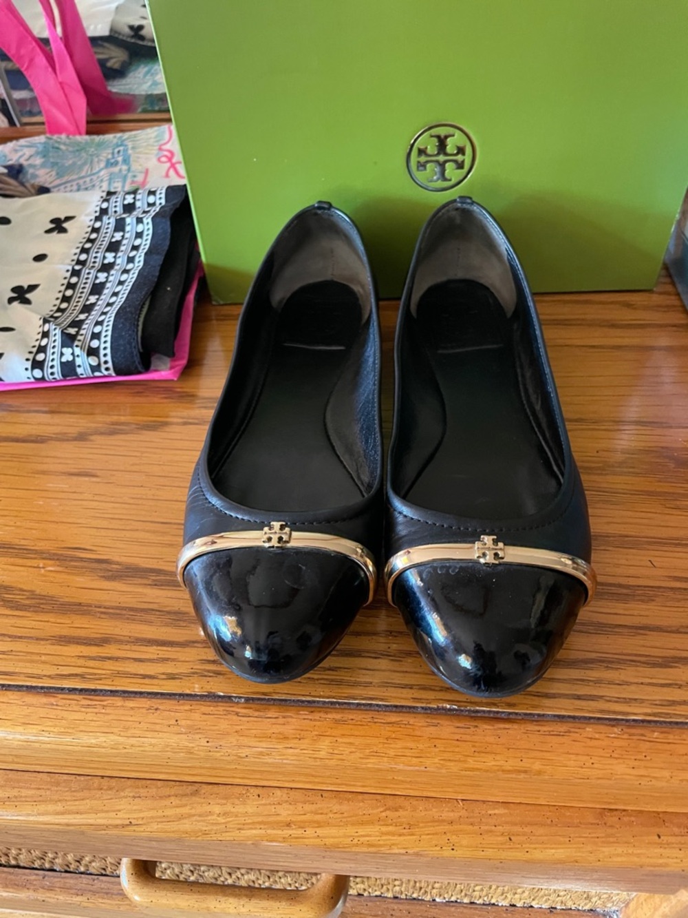 Tory Burch Black Leather Ballet Flats with Gold Cap Toe Accent